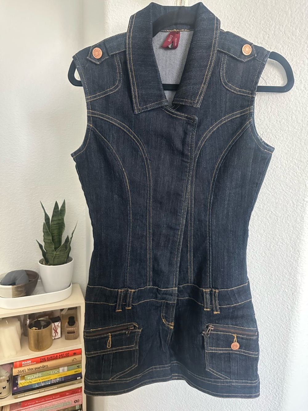 Sleeveless Dark Denim Zip-Front Romper with Pocket Details